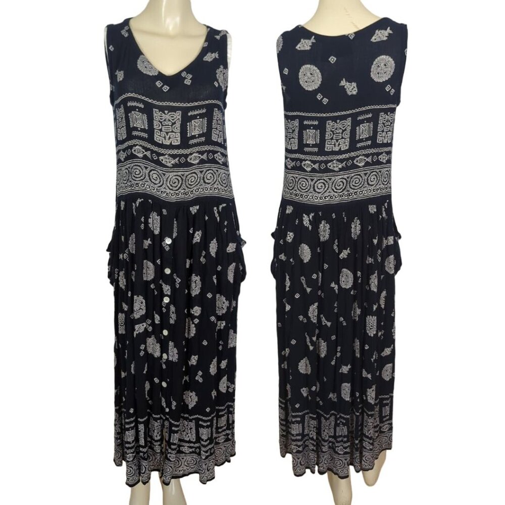 BILA dress Sz S black white sleeveless rayon‎ crinkle gypsy bohemian Vintage